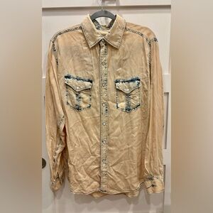 Ryan Michael Western Acid Wash Pearl Button Down Shirt - Cream with Blue Accents
